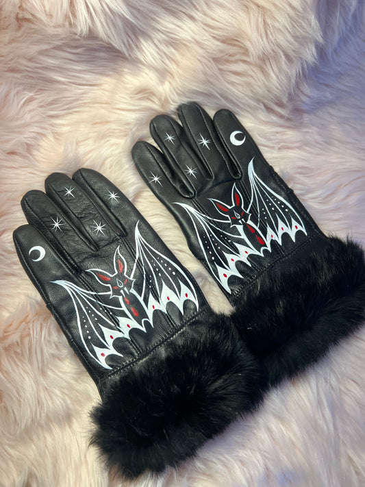 Fuzzy Cuff Bat Hand Painted Leather Gloves