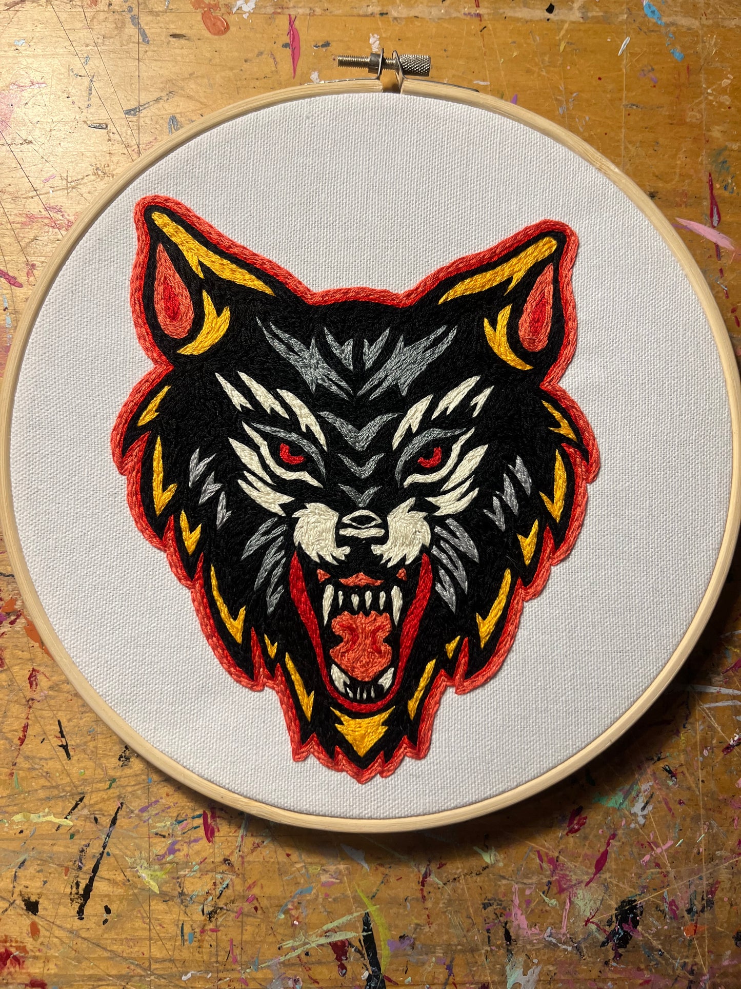 Totally Badass Wolf- Original Hand Embroidery