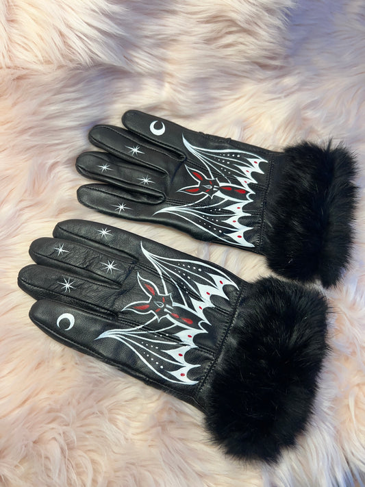 Fuzzy Cuff Bat Hand Painted Leather Gloves