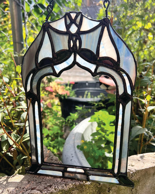 Bat Mirror Original Stained Glass- Gray & White