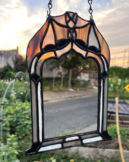 Bat Mirror Original Stained Glass- Gray & White