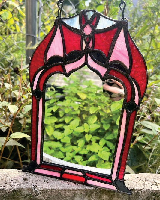 Bat Mirror Original Stained Glass- Red & Pink