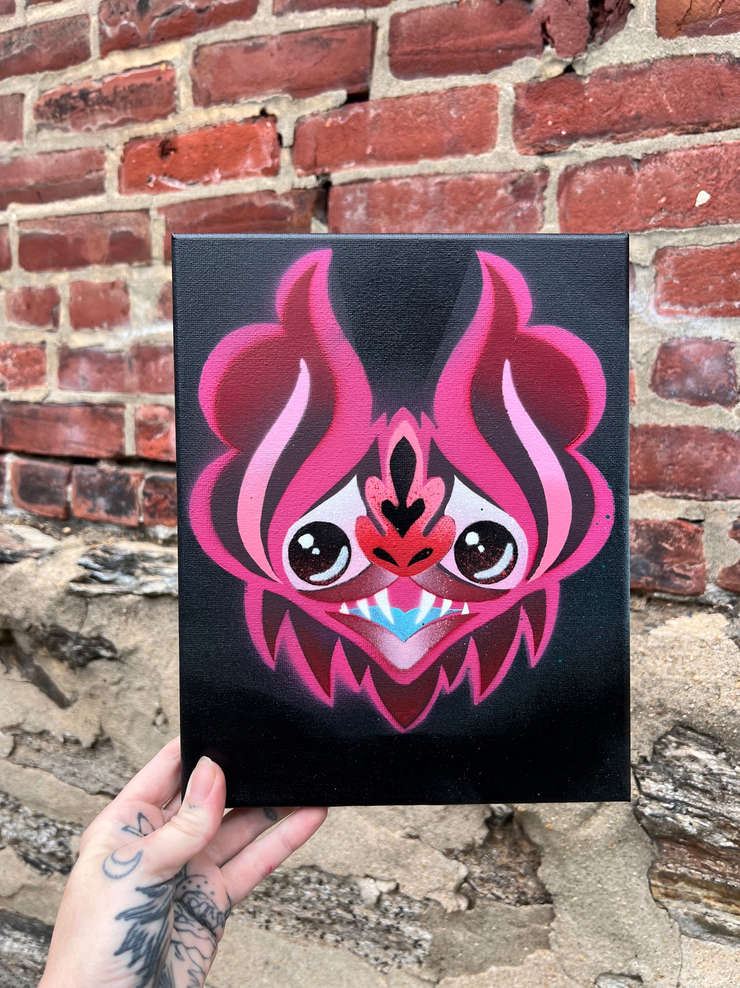 Black & Pink Bat Stencil on Canvas 8" x 10"