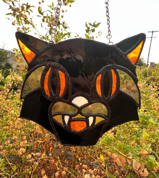 Vintage Hissing Black Cat Original Stained Glass