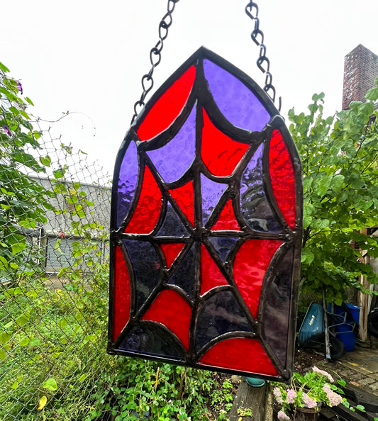 Spiderweb Cathedral Window (Red & Purple Variant) Original Stained Glass