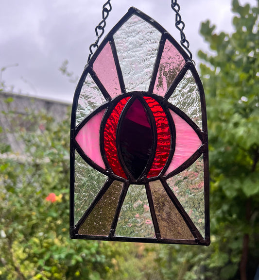 All Seeing Eye (pink  & Red Variant) Cathedral Window Original Stained Glass