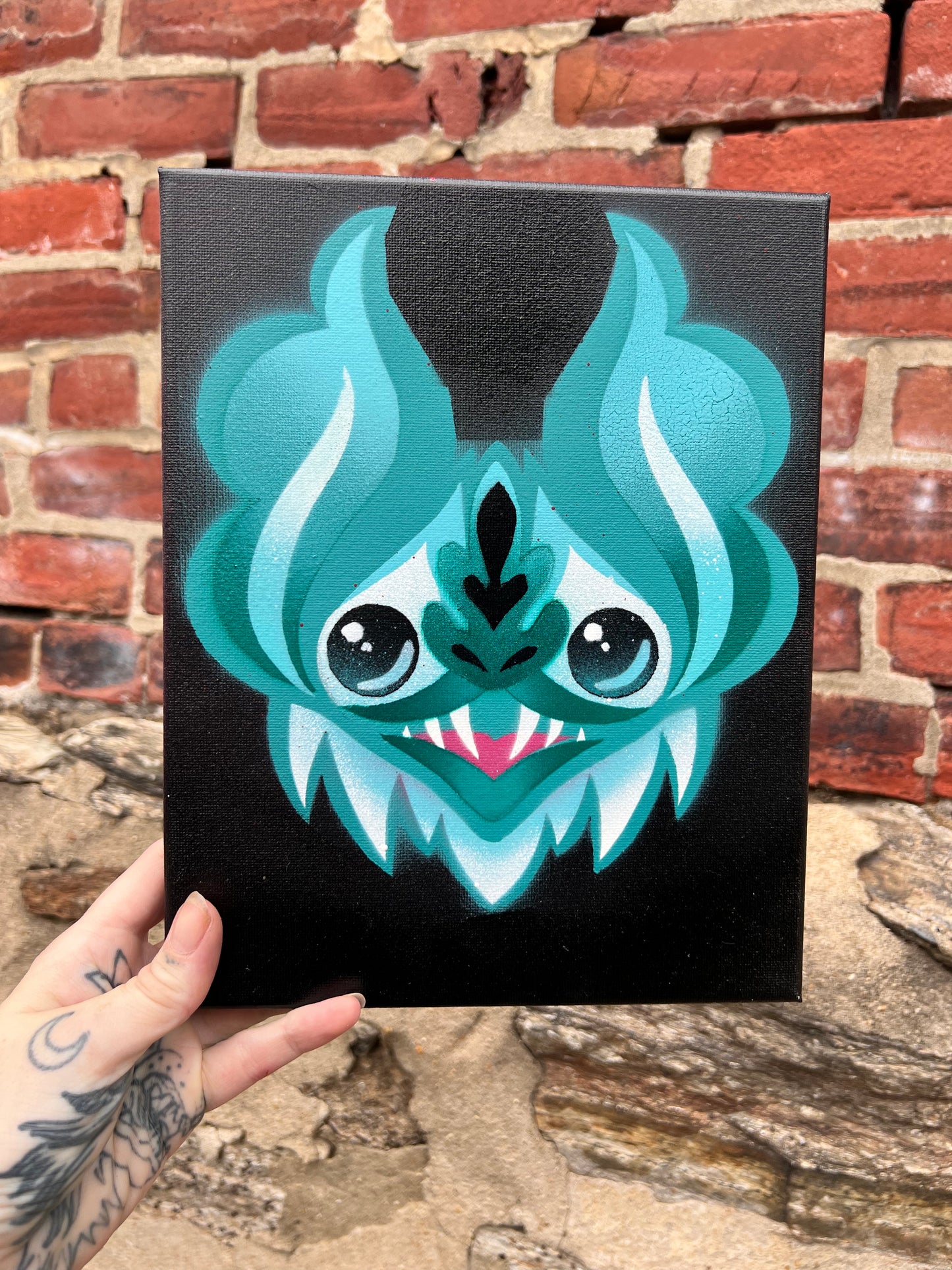 Turquoise Bat Stencil on Canvas 8" x 10"