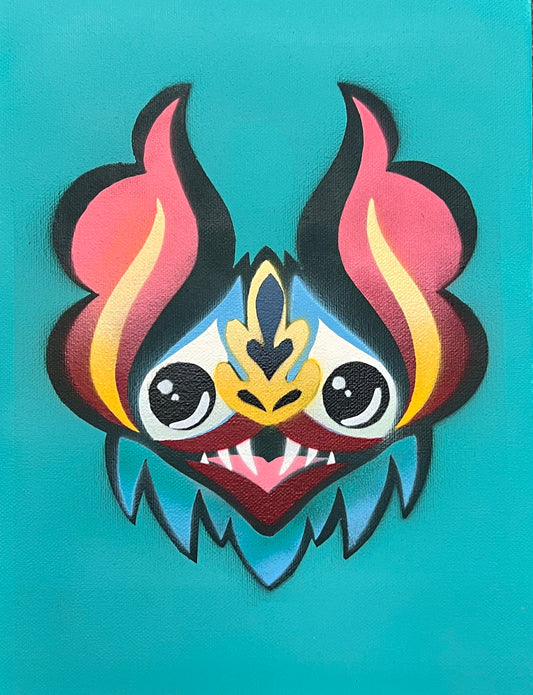 Turquoise Bat Stencil on Canvas 9" x 12"