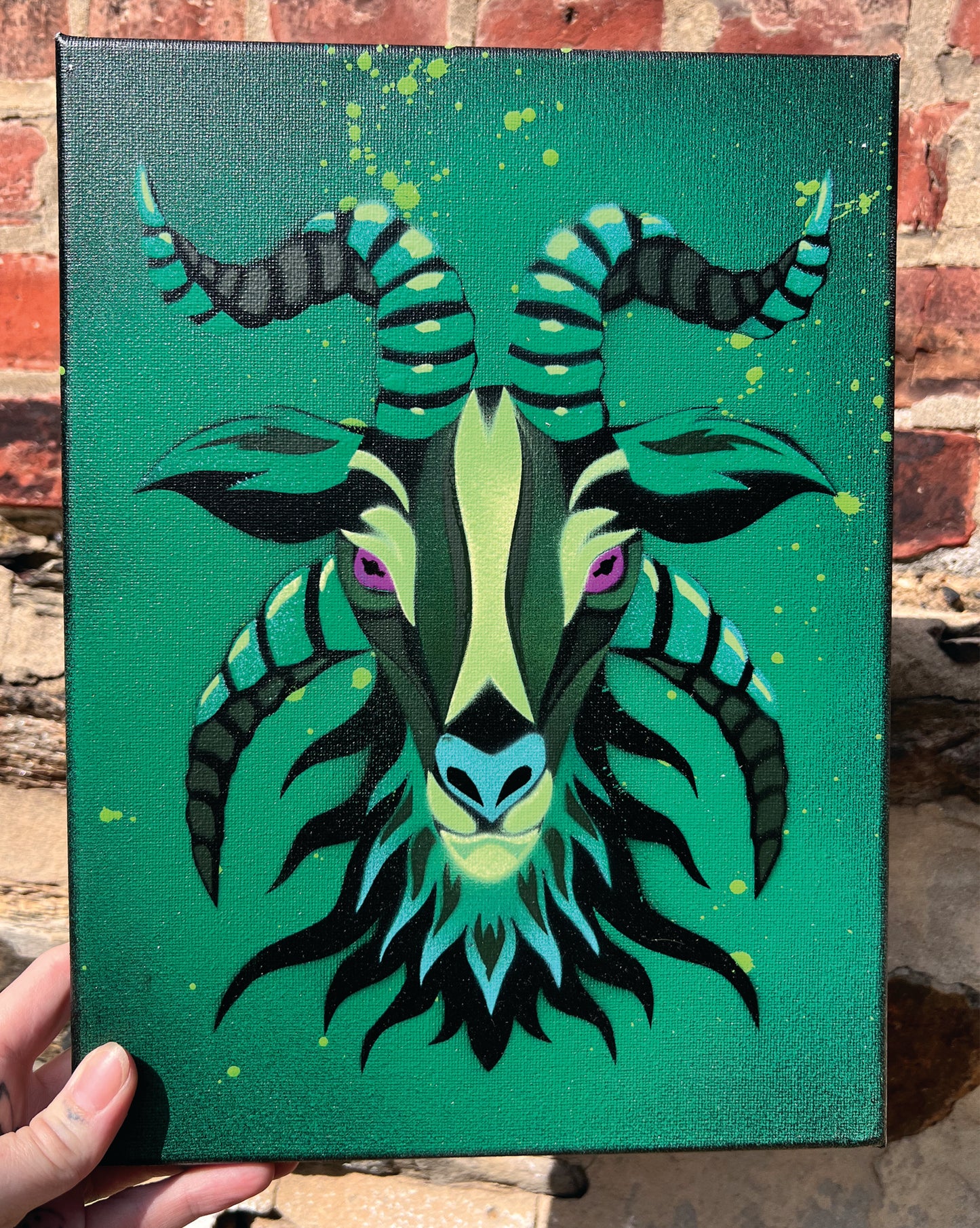 Green Splatter Goat Stencil #2 on 9"x12" Canvas