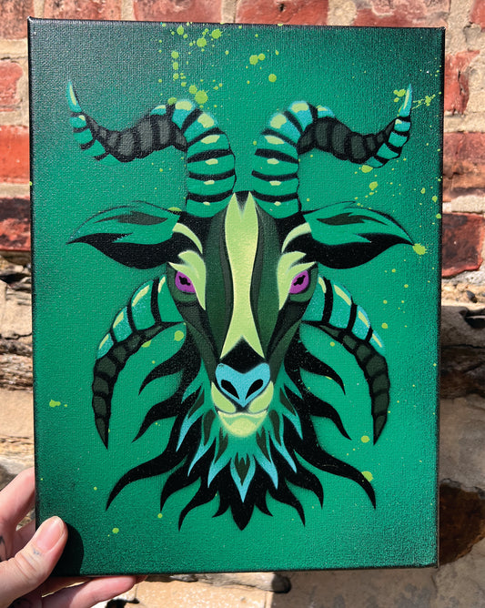 Green Splatter Goat Stencil #2 on 9"x12" Canvas