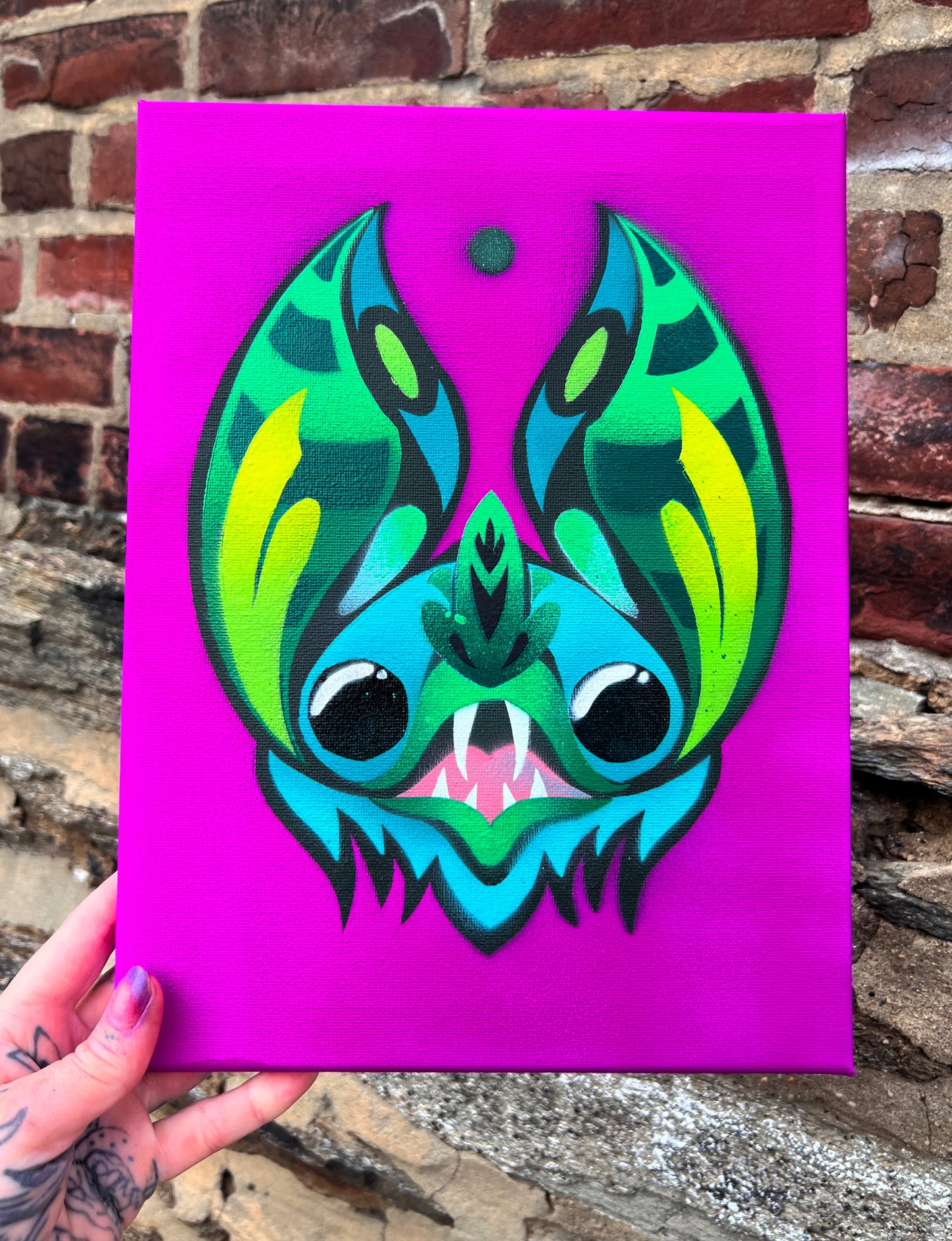 Green Bat Stencil on Canvas 9" x 12"