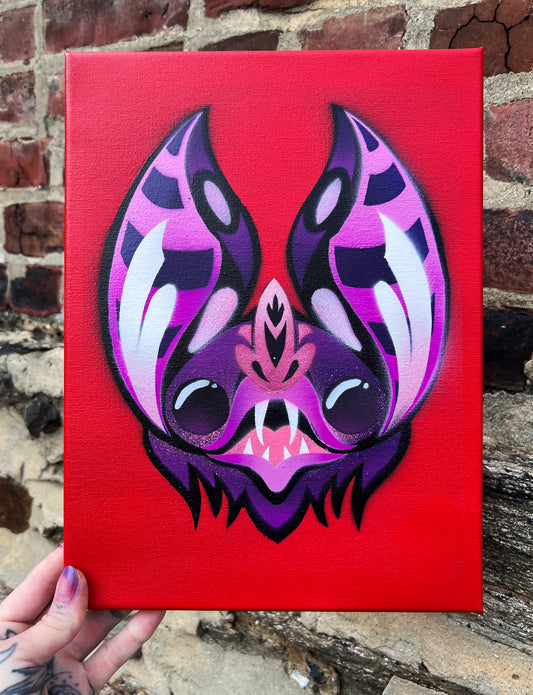 Purple Bat Stencil on Canvas 9" x 12"