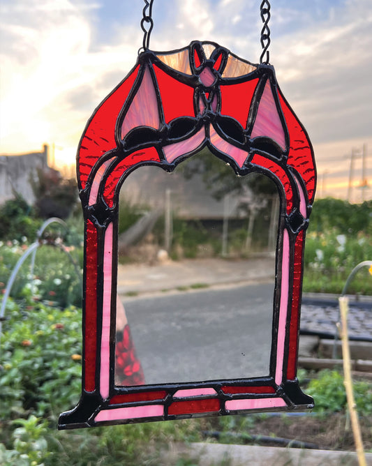 Bat Mirror Original Stained Glass- Red & Pink