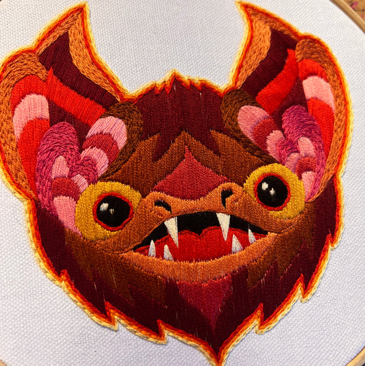 Bright Red Bat Hand Embroidery